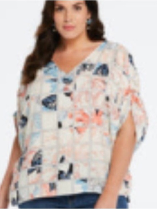 Rafaella Tops - Rafaella Cream Blouse with Blue and Orange Floral Grid